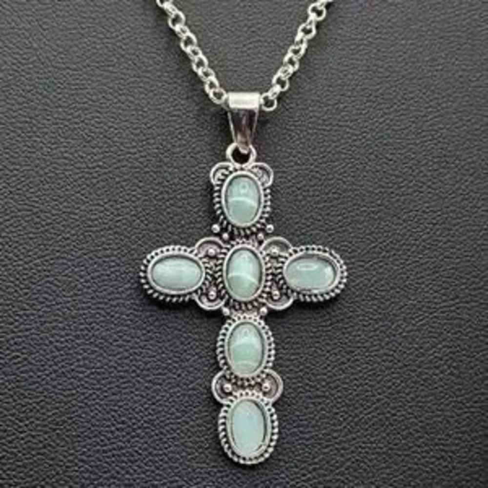 925 Silver Necklace W/ Turquois Cross BOHO Vintage Western Fashion Birthday Gift